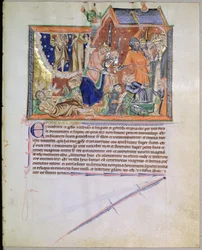 Die Zeugen bleiben unbegraben und ihre Seelen steigen in den Himmel auf, aus der Gulbenkian-Apokalypse, ca. 1265-70